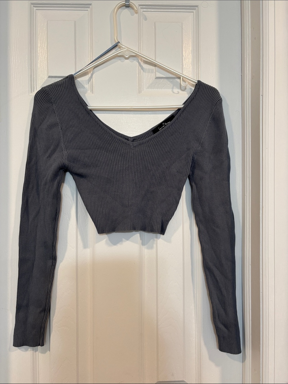 Love Tree Ribbed V-Neck Long Sleeve Crop Top - Charcoal Gray